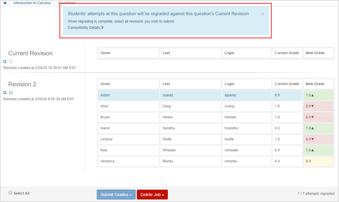 A blue text box is at the top of the Regrade page that contains revision compatibility details.